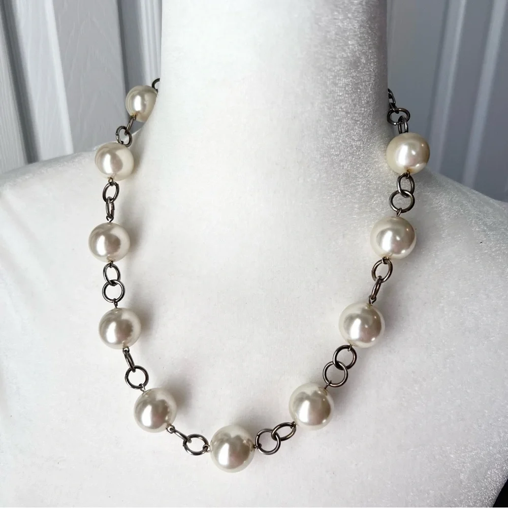 RJ Graziano Faux Pearl Bauble Silver Tone Chain Link Necklace